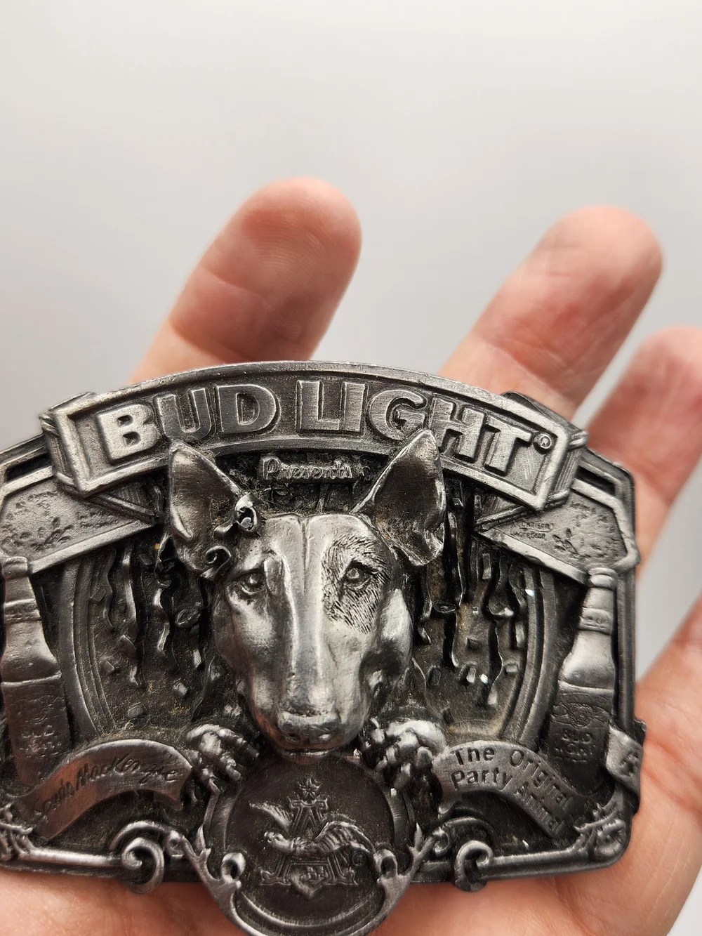 Anheuser-Busch 1987 Vintage Bud Light Spuds Mackenzie Metal Belt Buckle
